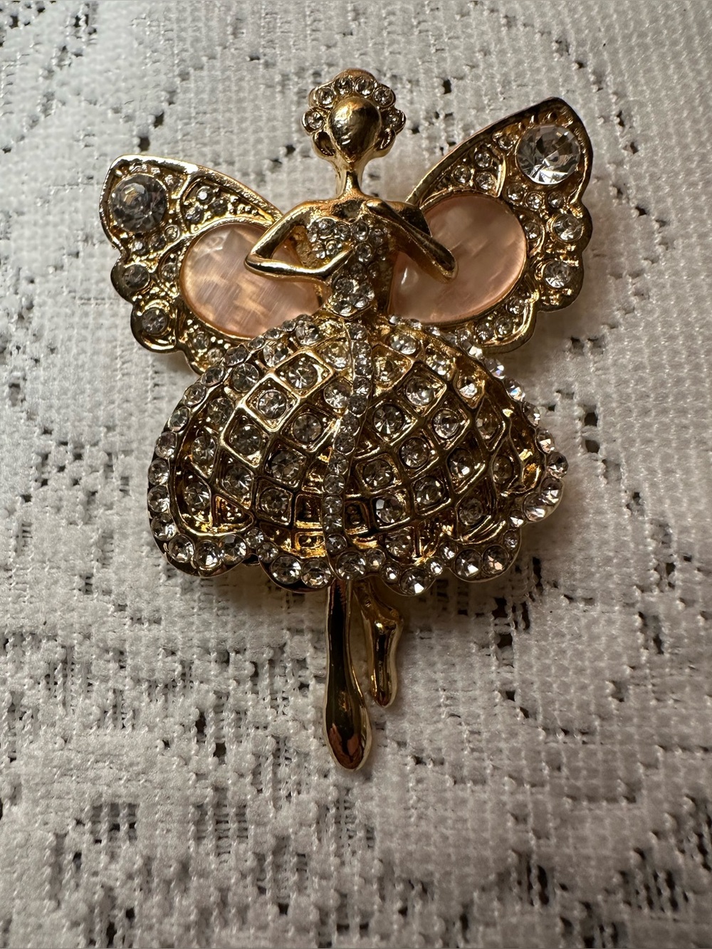 Gold and Pink Crystal Ballerina 2.5” Brooch